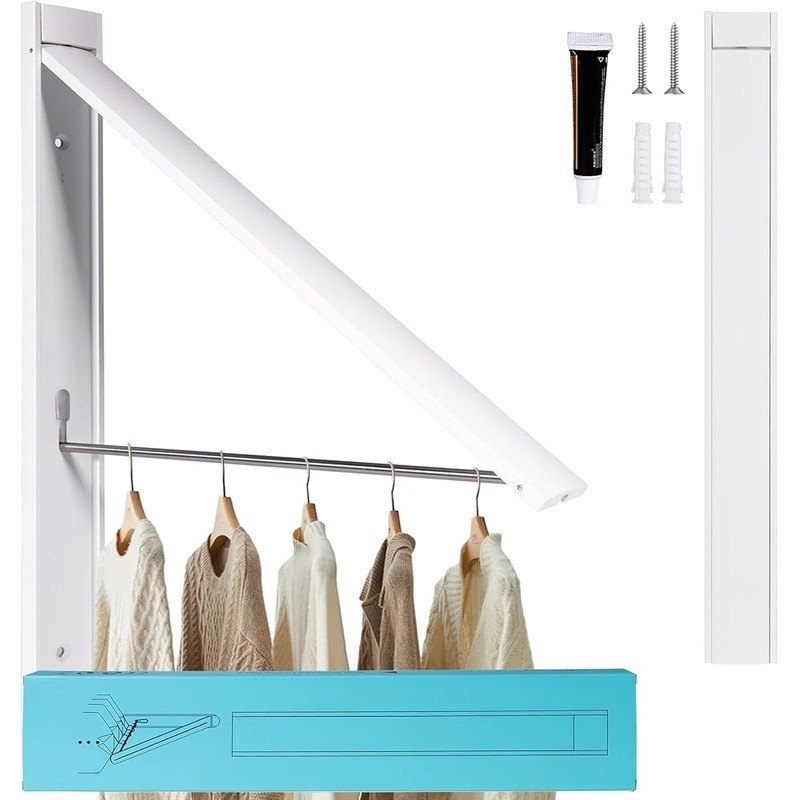 Retractable Clothes Rack Wall Mount Foldable Laundry Hanger Space Saving Storage