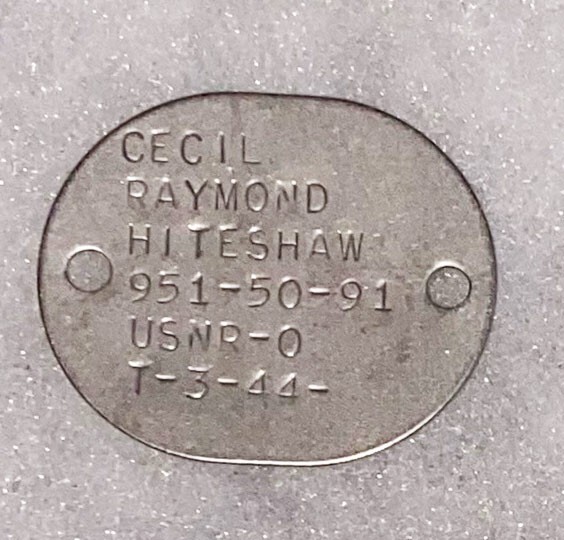 WWII USNR Cecil Hiteshaw T-44 Single Dog Tag