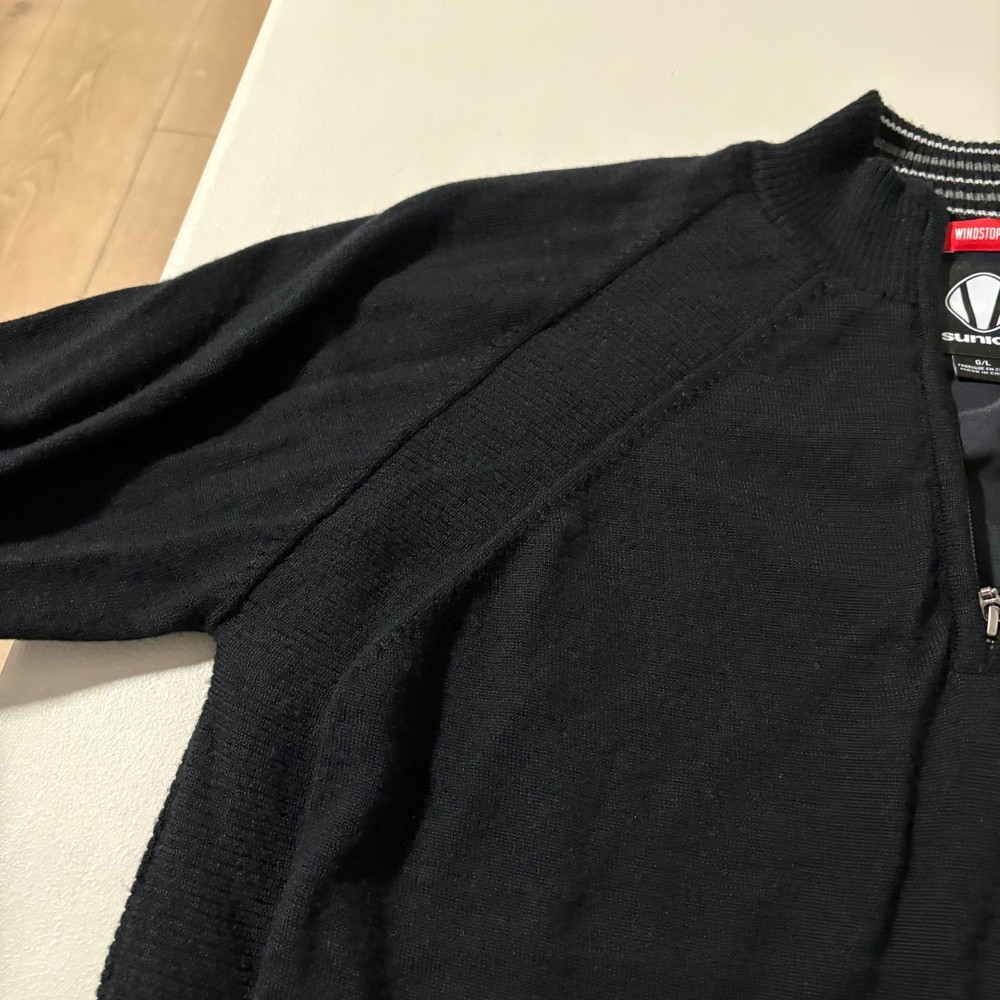 Sunice Windstopper Mens L 1/4 Zip Golf Sweater Black 100% Wool Lined Pullover