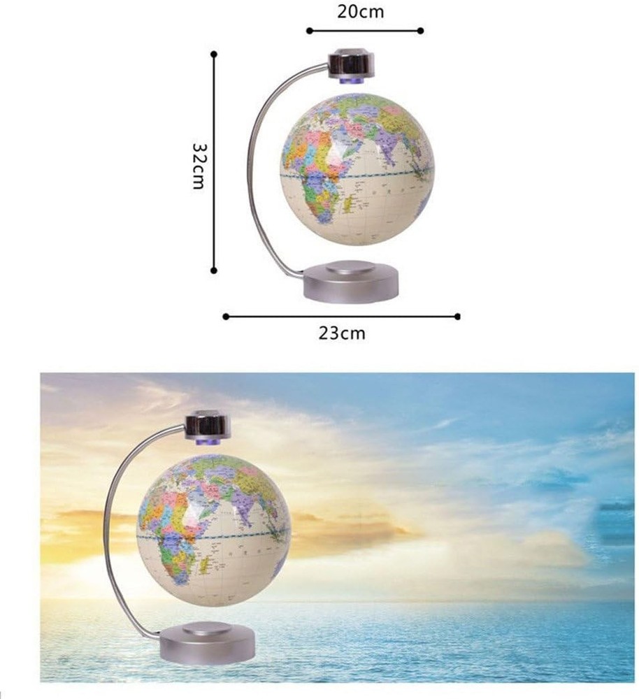 Floating 8" World Map Globe Magnetic Levitation LED Illuminated White