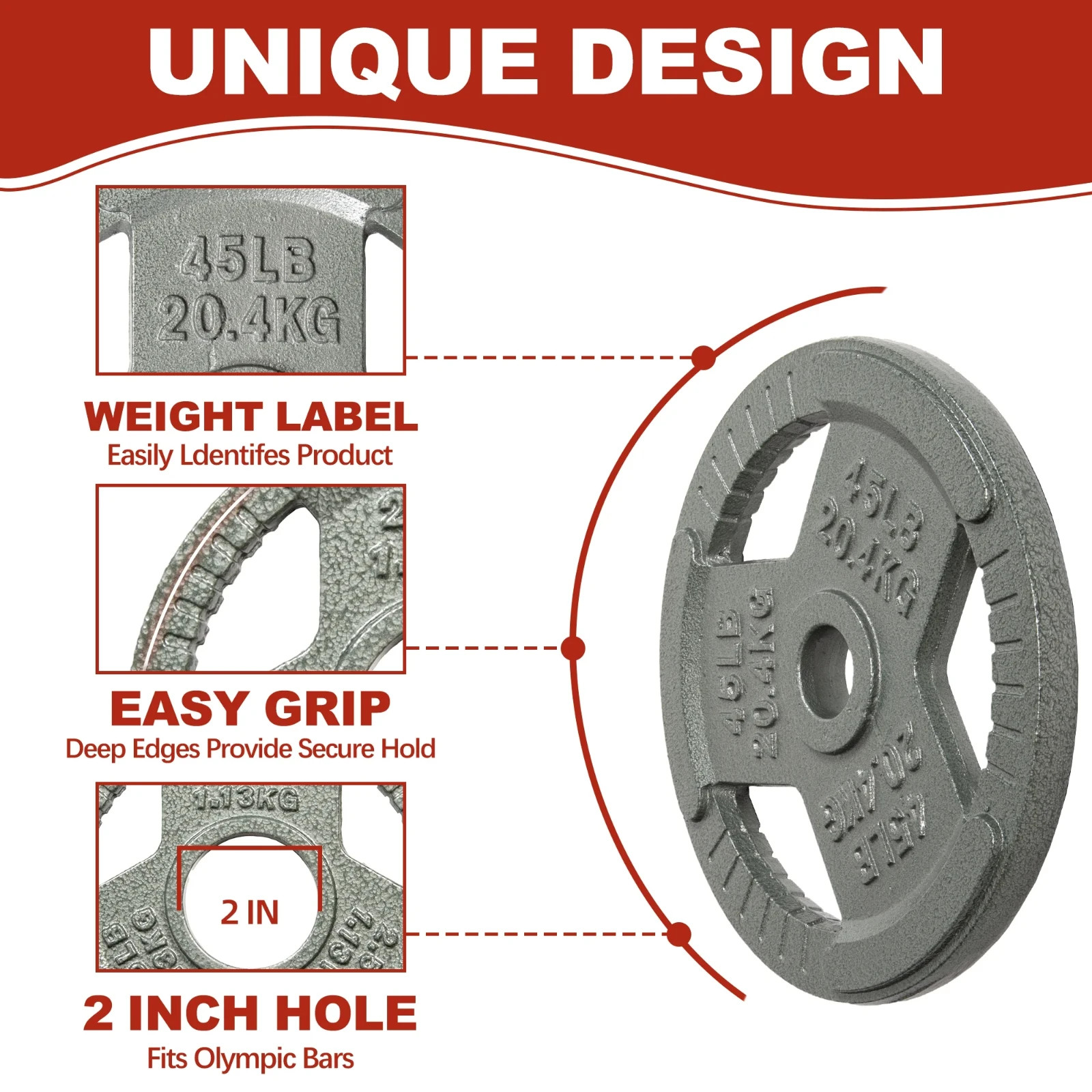 45lb x 2 Pair Cast Iron Weight Plates 2 Inch Olympic Barbell Plates Easy Grip