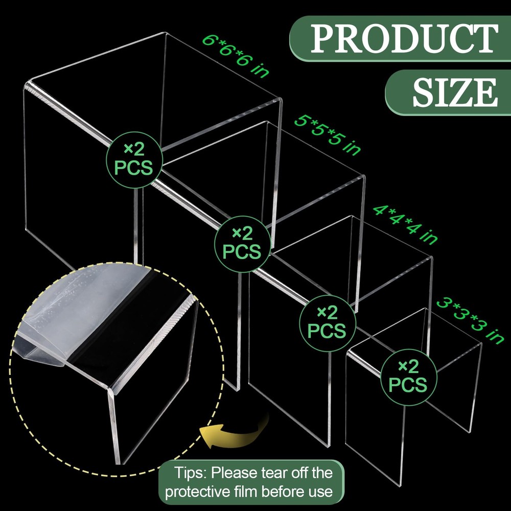 8 Pcs Square Acrylic Display Risers, 2 Sets 4 Sizes Tall Acrylic Risers Displ...