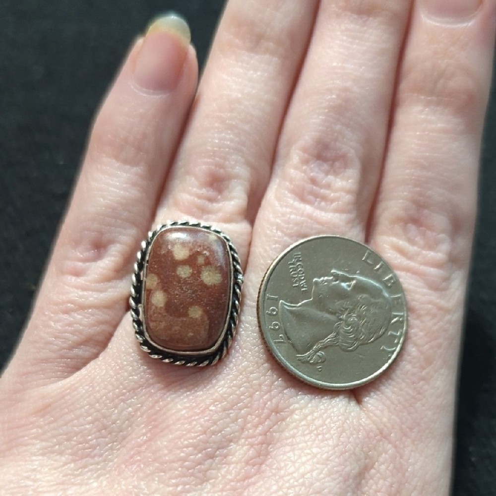 Silver Plated Brown Peanut Jasper Gemstone Rectangular Statement Ring - size 5-7