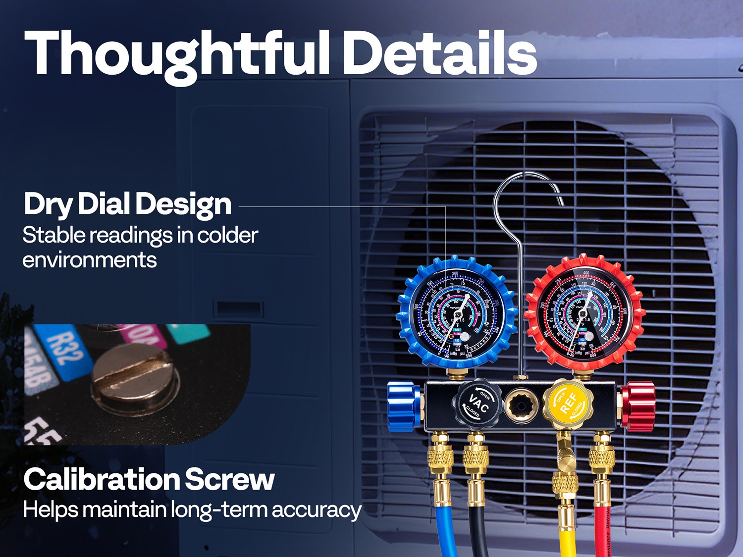 4 Valve HVAC Manifold Gauge Set R410A R454B R32 R22 AC Gauges w/ 5ft Hoses Kit