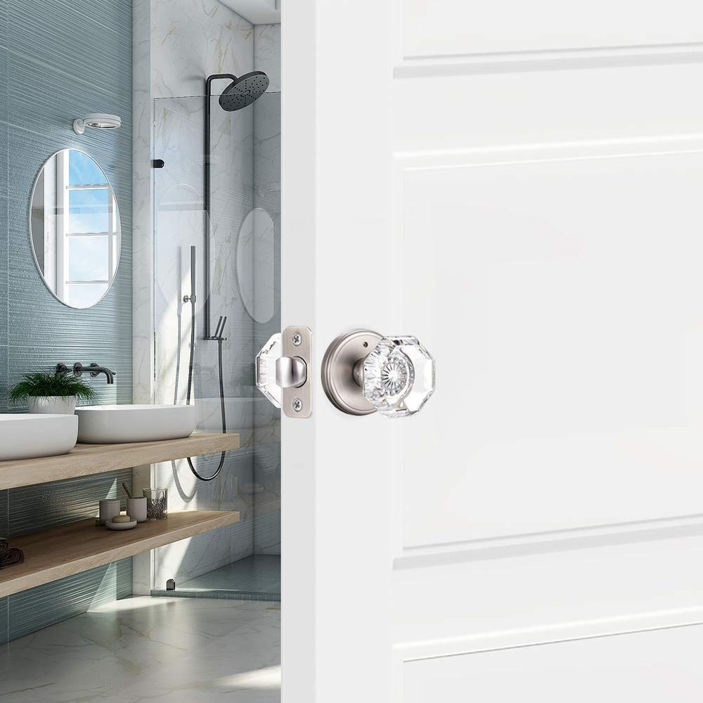 Crystal Glass Door Knobs Interior, Modern .Privacy, Satin Nickel