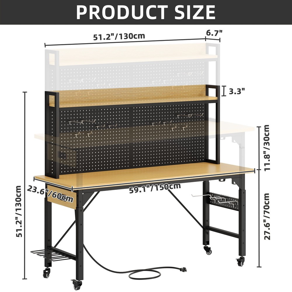 GARAGE Rolling WORKBENCH Multifunctional 52"H Tool Pegboard Power Outlets Steel