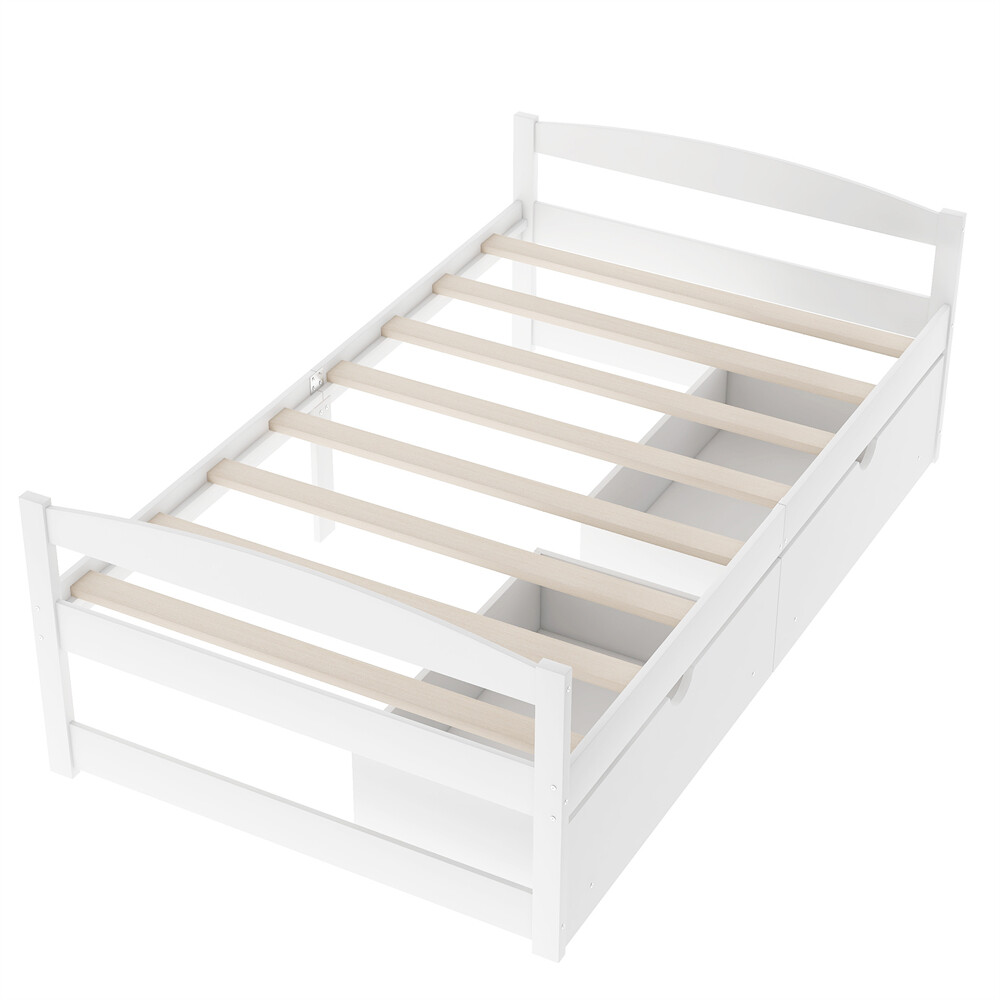 Twin Size Platform Bed Two Drawers White Solid Wood Frame Simple Single-layer