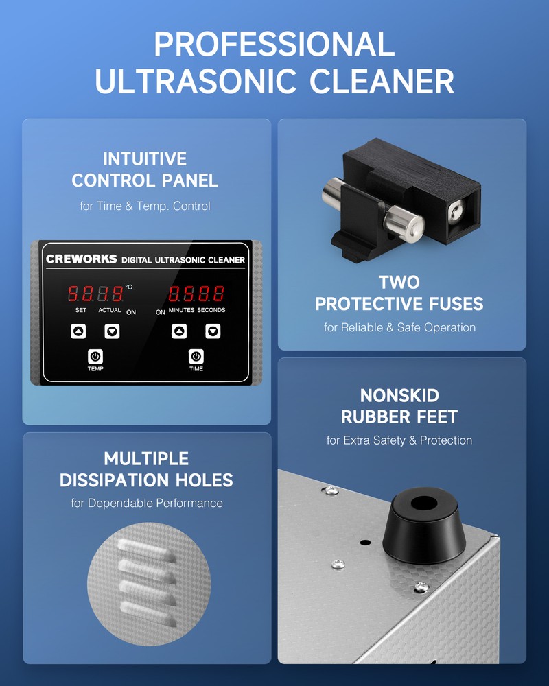 CREWORKS 2L Professional Ultrasonic Cleaner w 100W Heater Timer LED Display