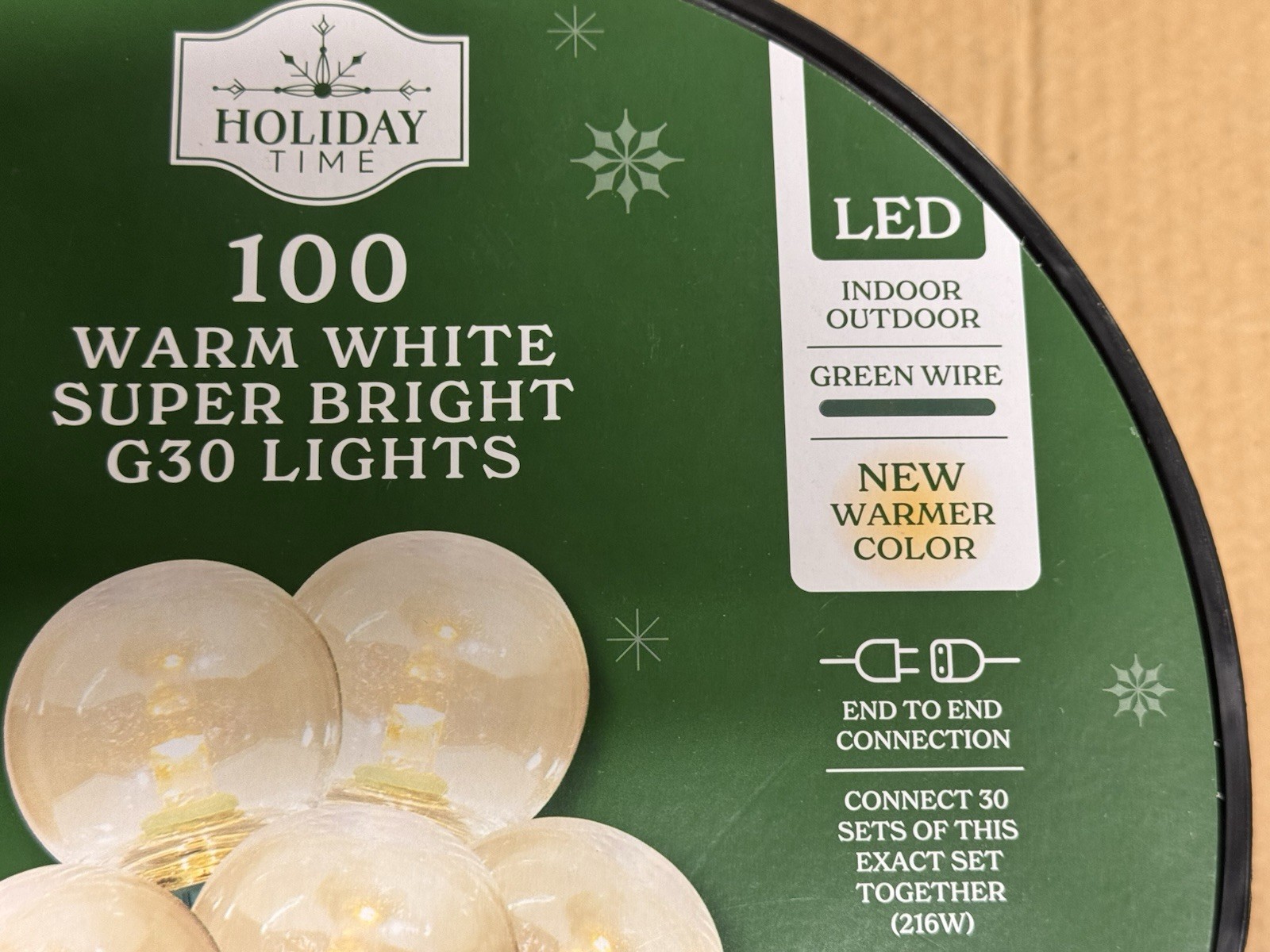NEW 2025! HOLIDAY TIME 100 WARM WHITE LED Super Bright G30 Lights GRN Wire 58.1'