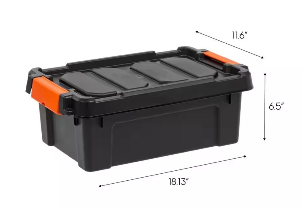 Heavy Duty Storage Tote Stackable Latching Lid Plastic Bin Black, Multiple Sizes