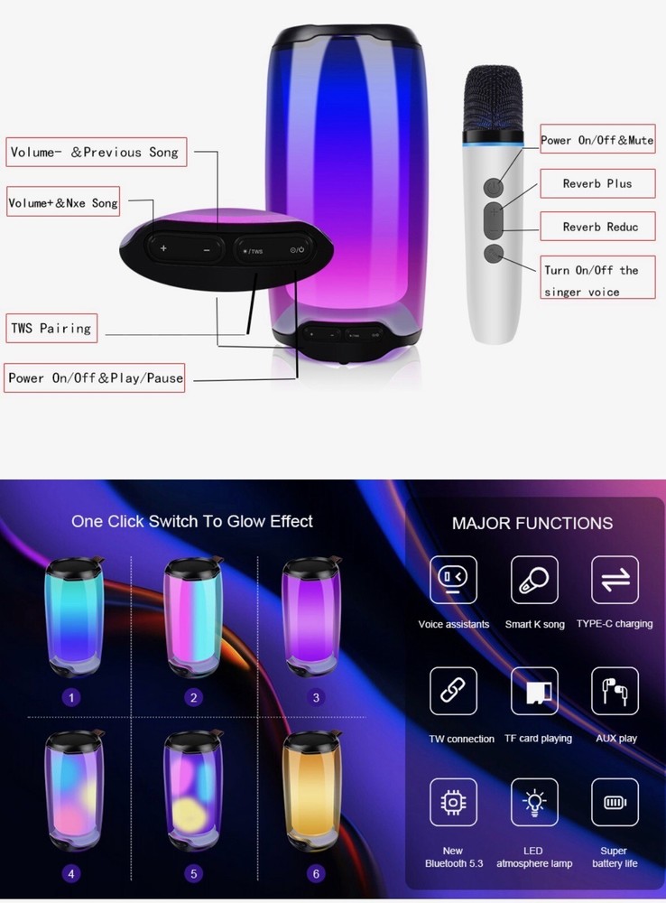 Bluetooth Speaker, Portable Karaoke Machine With 2 Wireless Microphones