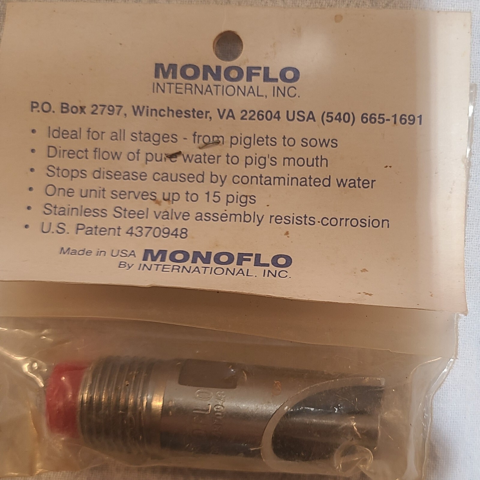Monoflo Nipple Drinker Pigs 3511-02-000 Waterer Automatic Stainless 1/2" USA