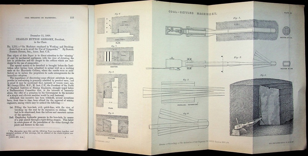 1869 Coal Breaking By Machinery Coal-Getting Foldout Schematic & Article