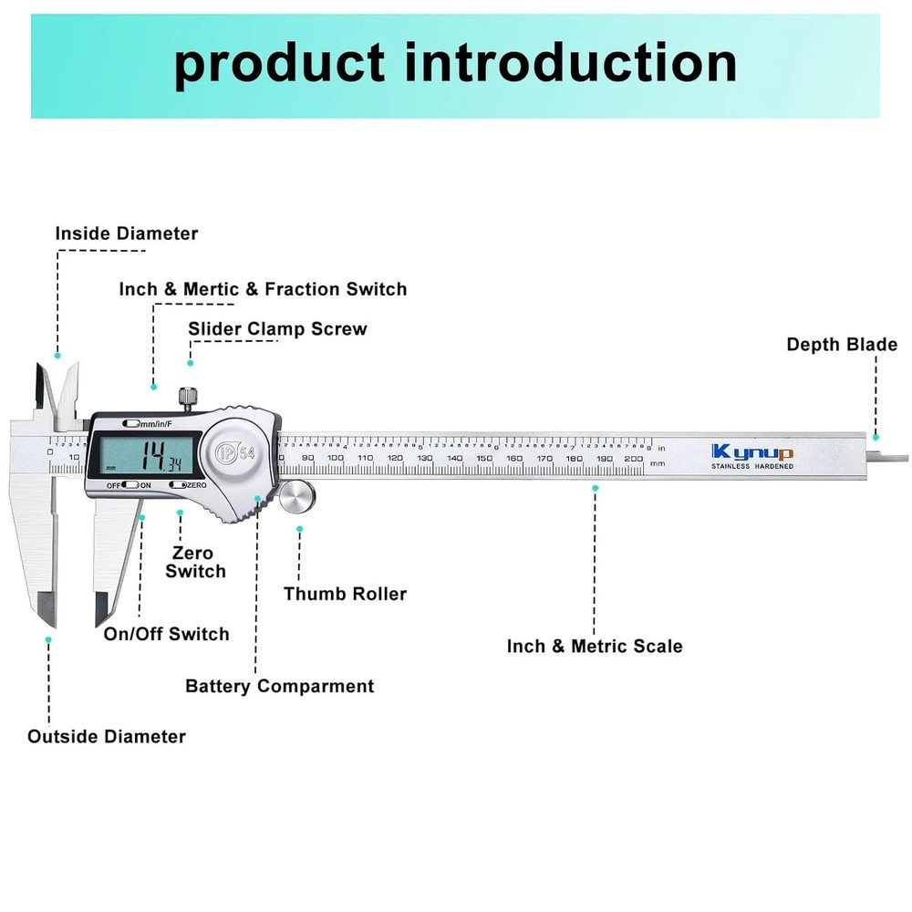 Multi-Function 8 Inch Digital Caliper - Splash-Proof & Easy Unit Switch