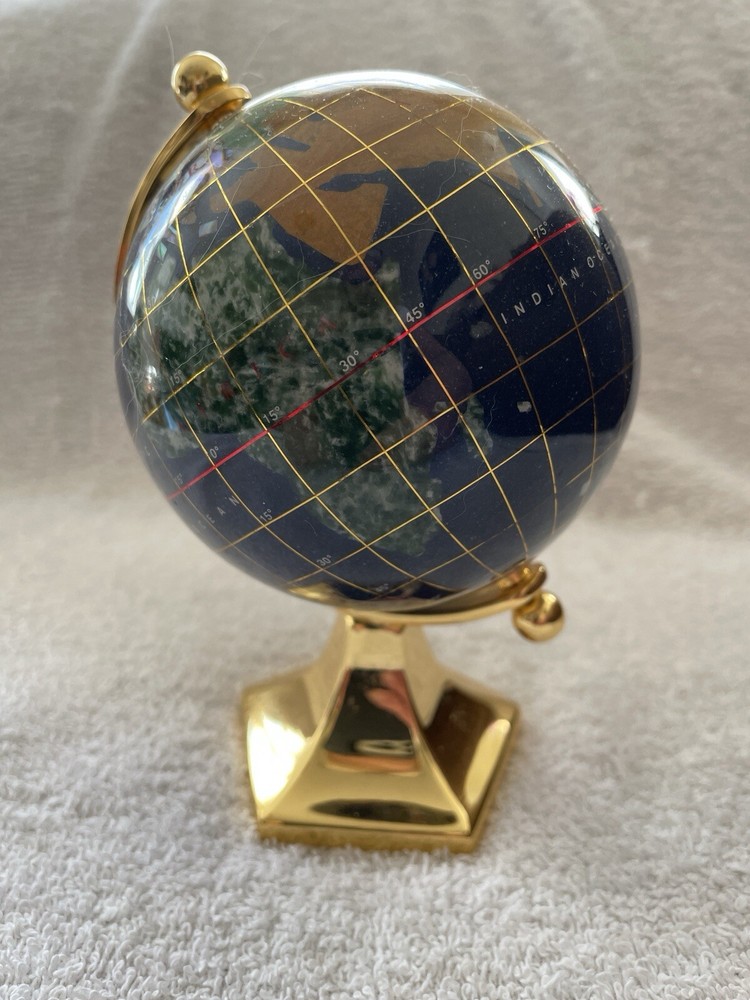 Mini desktop rotating Earth Globe With Gemstone/ Inlay Brass Base
