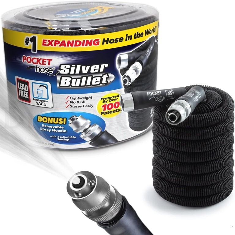 Pocket Hose Silver Bullet 50 ft Turbo Shot Nozzle Multiple Spray Garden Hose