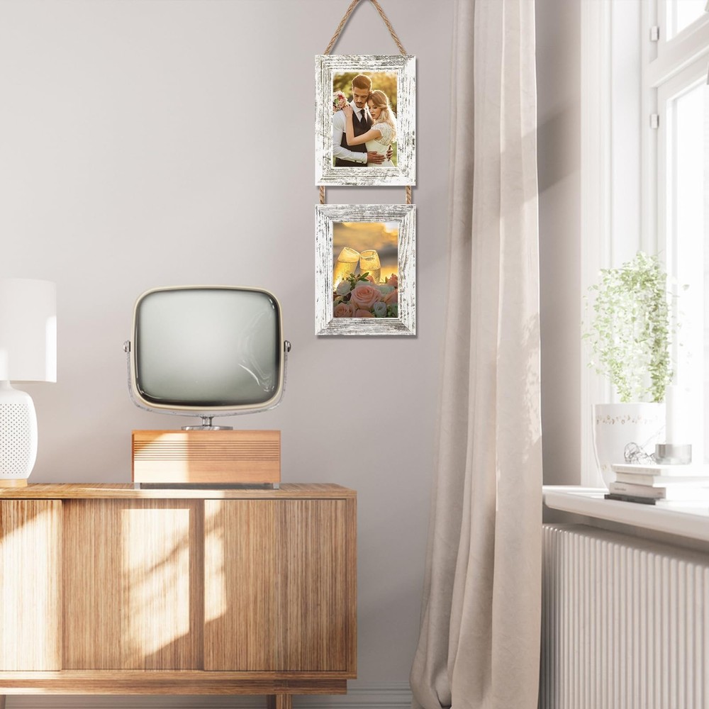 5x7 Wall Hanging Picture Frames Collage with 2 Opening Frames Rustic White 5x7