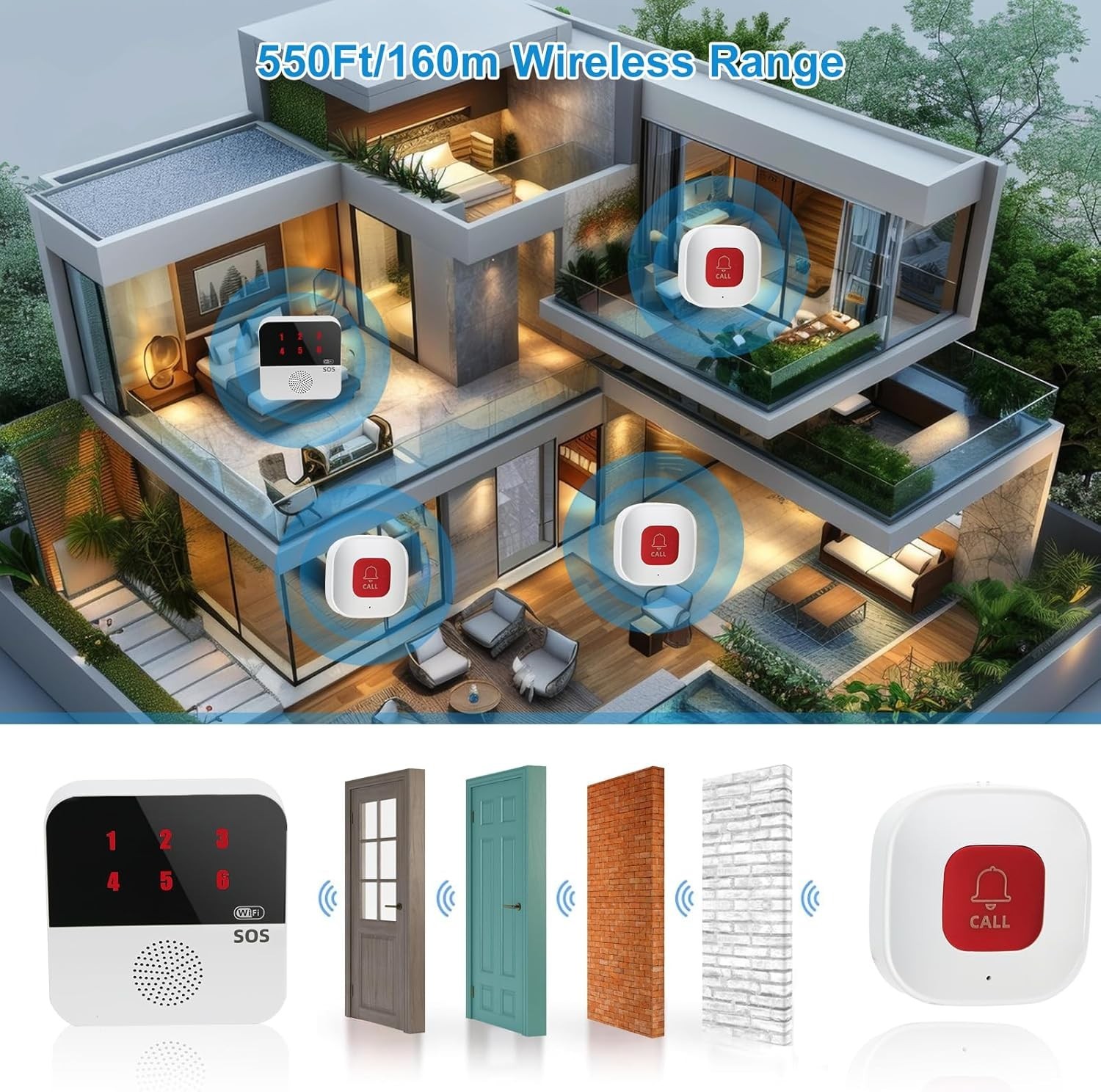 Wireless Caregiver Pager Life Alert System for Seniors No Monthly Fee, Wi-Fi APP