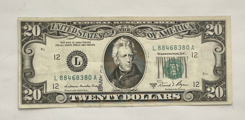 Vintage 1981 $20 Federal Reserve Note; (ERROR) miscut/misalignment on front