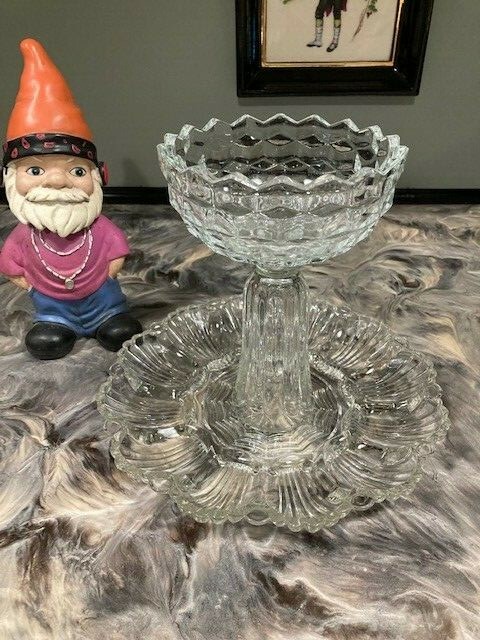 2 TIER GLASS DEVILED EGG RELISH PARTY SERVING PLATE