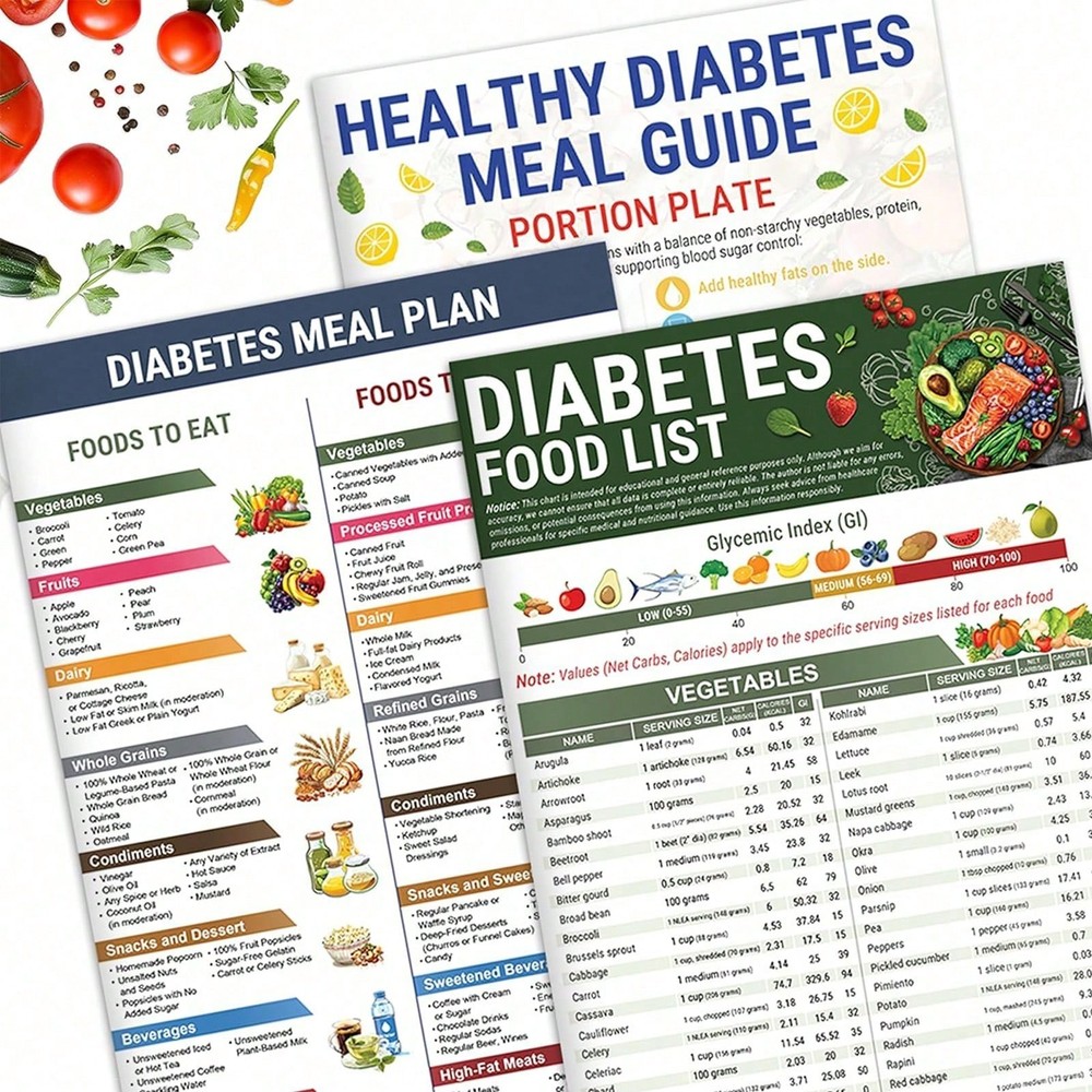 3PCS Type 3 Diabetic Food List Chart & Meal Planner Sheets