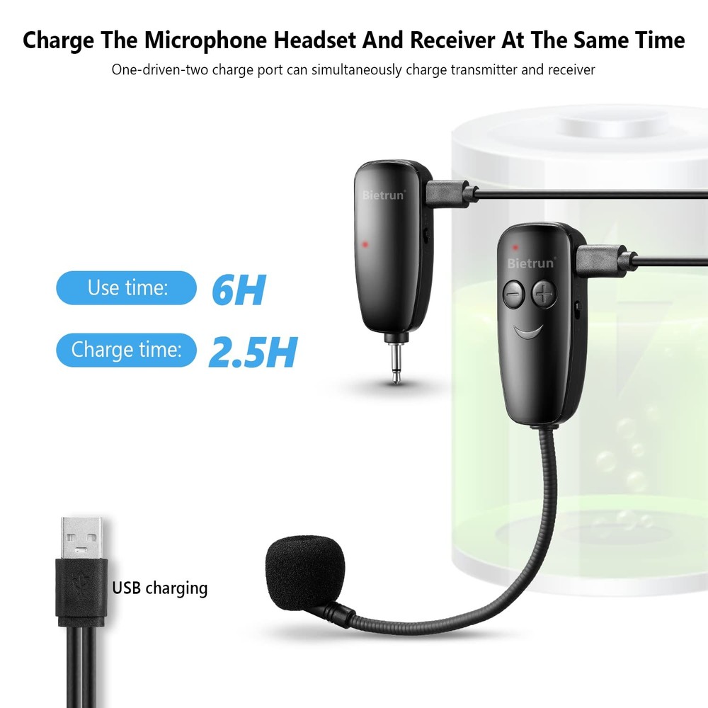 Bietrun Wireless Microphone Headset, UHF Headset Mic Small, Black A