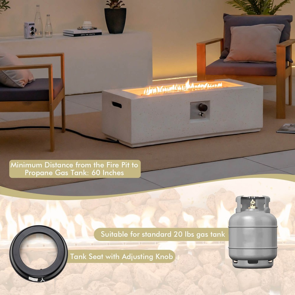 42" Terrazzo Fire Pit Table Rectangle Propane Fire Pit w/ PVC Cover White