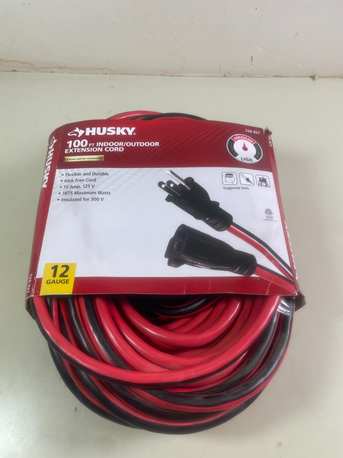 Husky 100ft 12/3 Extension Cord Indoor Outdoor Extension Cable 528 927 Red Black