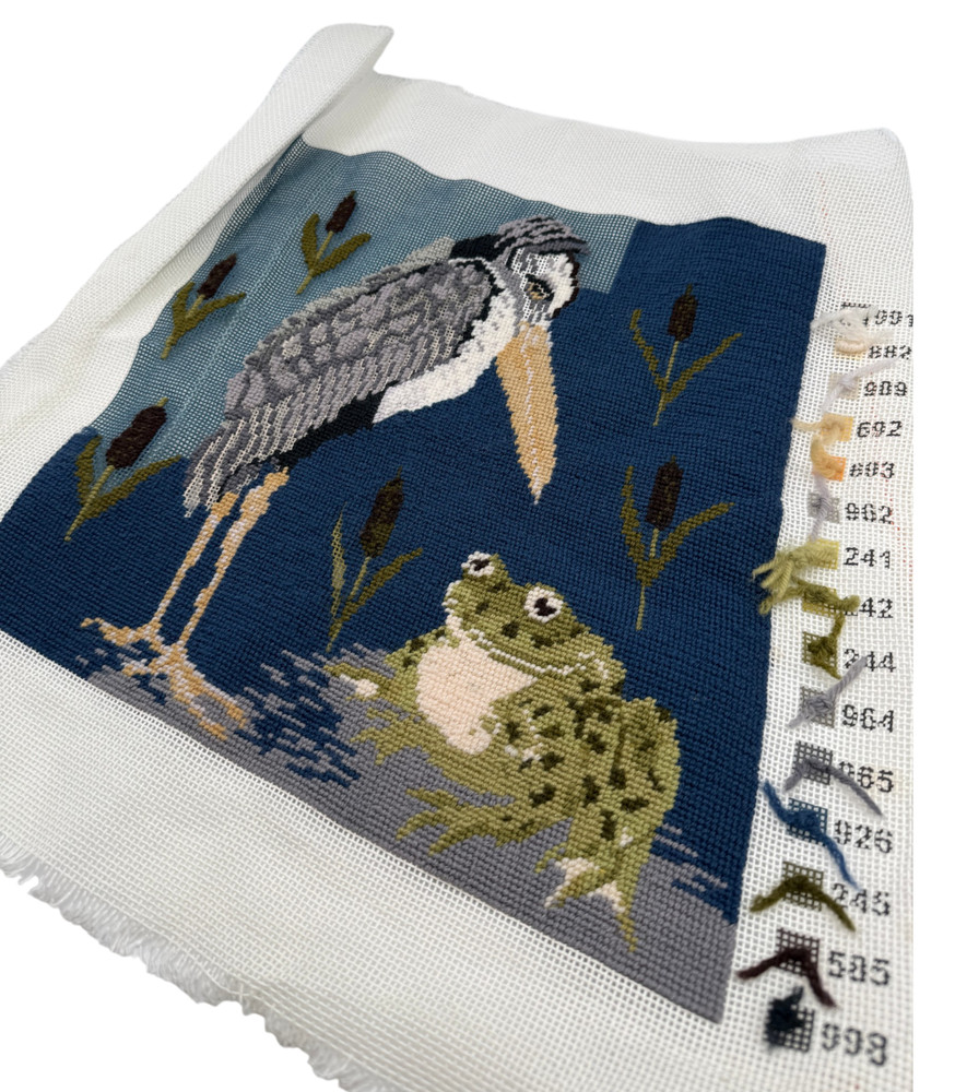 Beth Russell Frog & Stork Almost Completed Needlepoint Canvas Panel De Morgan