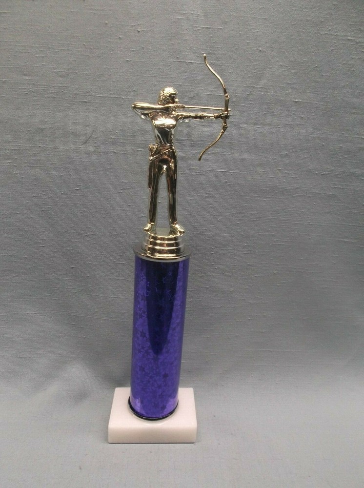 FEMALE ARCHERY trophy silver blue column marble base