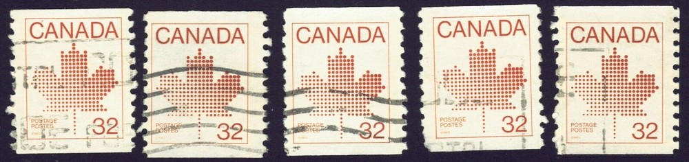 Canada sc#951 x 5 Maple Leaf, Unit from Coil, Used