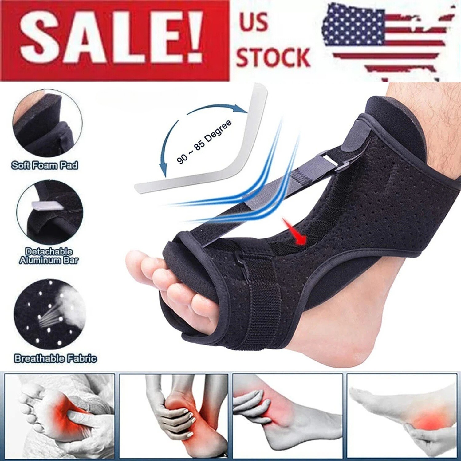 Plantar Fasciitis Night Splint Adjustable Foot Drop Ankle Brace Support Toe Pain