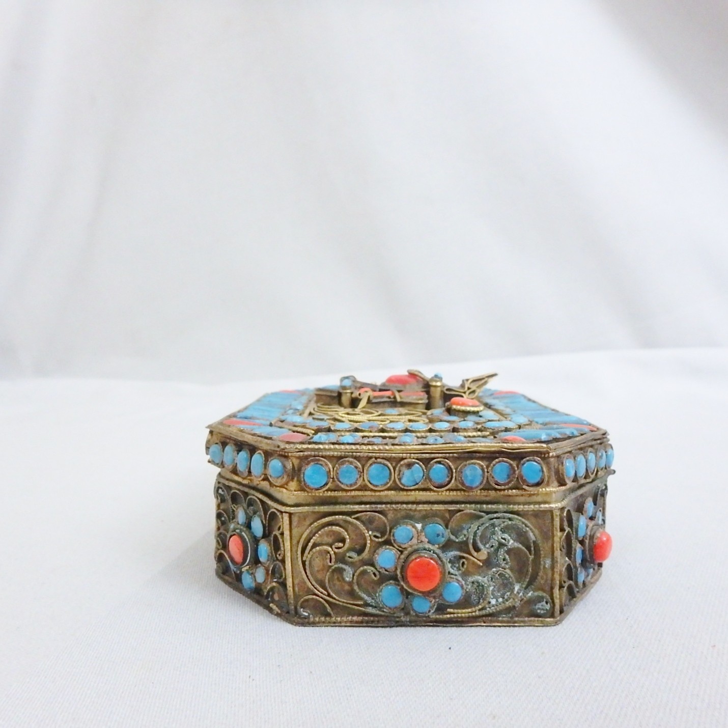 Antique Tibetan Gau, Prayer Box; Brass, Turquoise, Coral