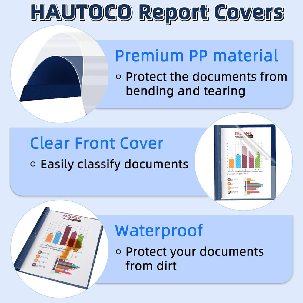 30 Pack Plastic Report Covers with 3-Prong Fasteners Clear Front Presentation...