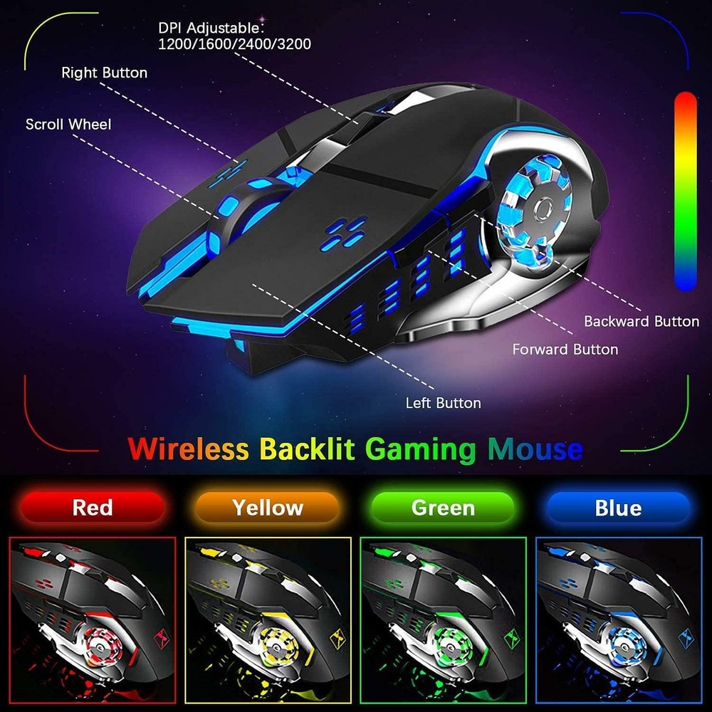 Wireless Gaming Keyboard and Mouse Mechanical Feel Rainbow Backlit