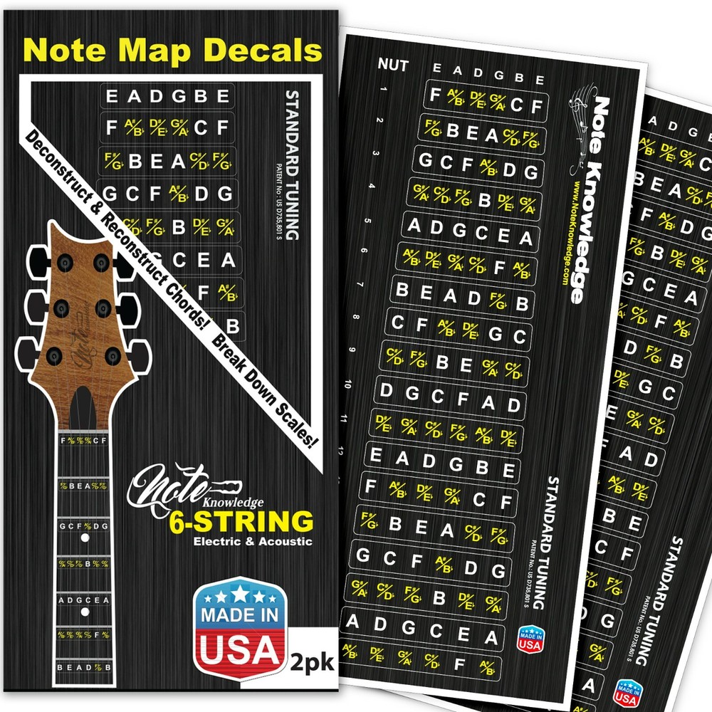 Learn Guitar Note Placement Note Map Decals-Stickers w/Mini Chord Chart 2pk