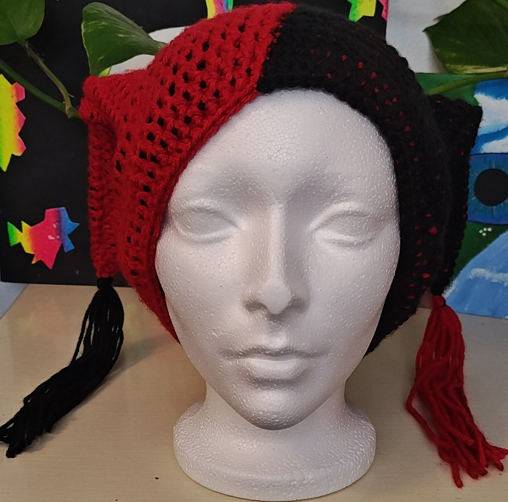 Handmade Crochet Jester Hat Red & Black with Tassels