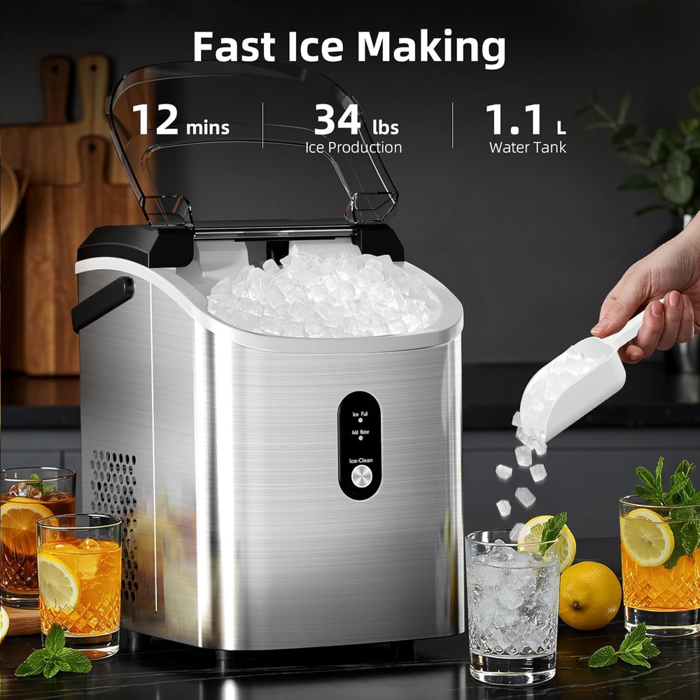Nugget Ice Maker Countertop with Soft Chewable Ice, Portable Sonic Ice Maker wit