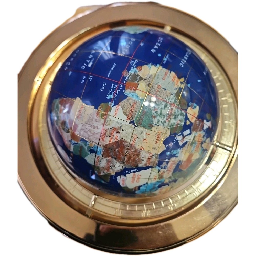 Large Blue Lapis & Semi-Precious Gemstone Table Globe on Rotating Brass Stand.