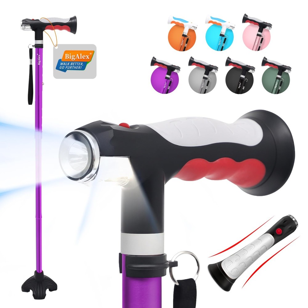 Folding Walking Cane with Two Led Lights for Elderly Solid Base Adjustable Wa...