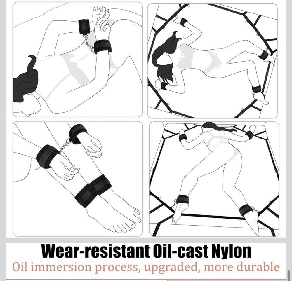 BDSM Bed Restraints Set, Adjustable Straps, Hand/Ankle Cuff (Black)