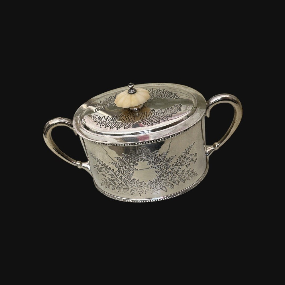 4 Pc Silverplate Coffee Tea Svc Fern Engraved Pattern Unmarked Ivory Knobs 1800s