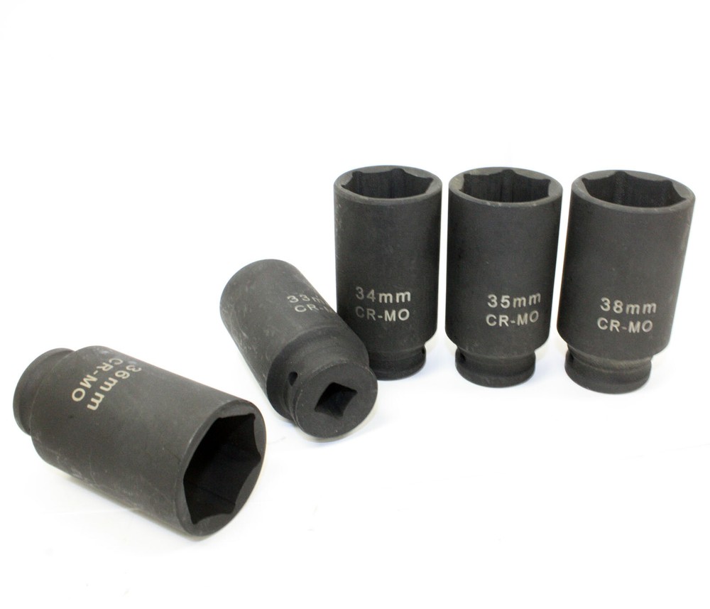 5PC 1/2" Dr. METRIC FRONT & BACK WHEEL SPINDLE AXLE NUT DEEP IMPACT SOCKET SET
