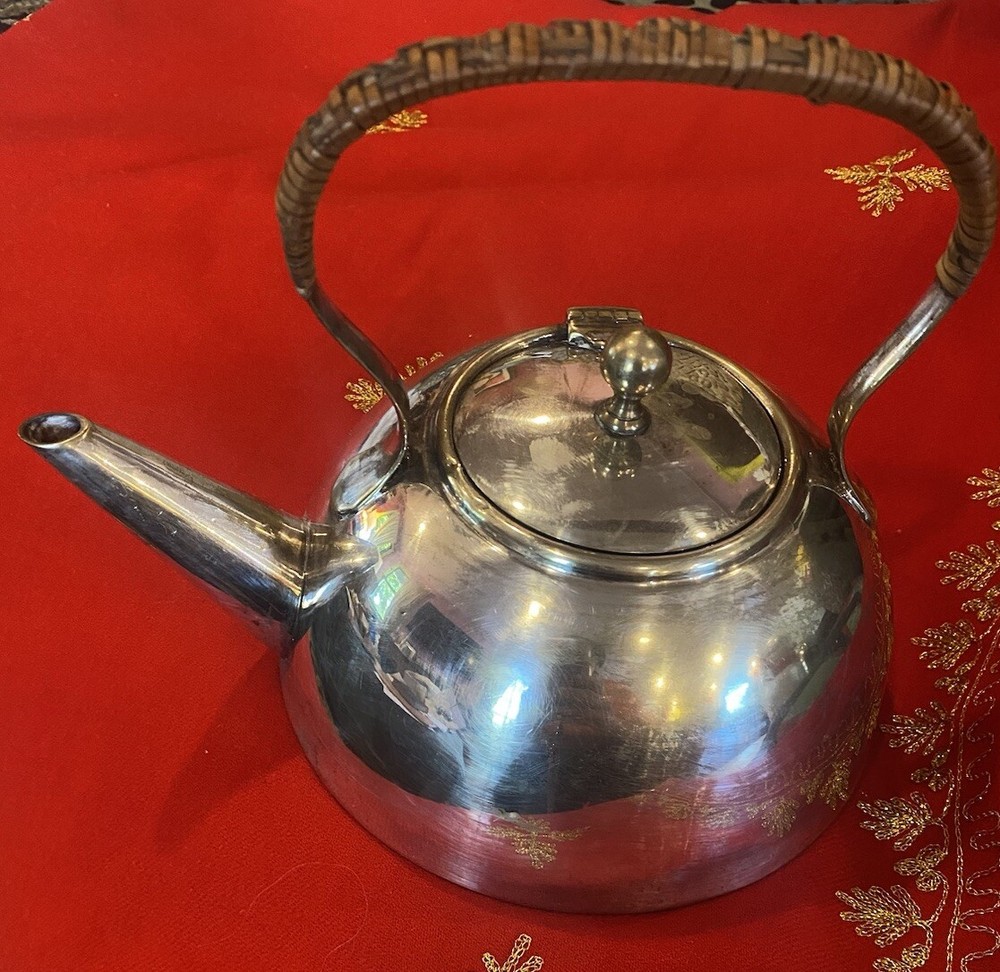 BRITISH Silver/Plated TEAPOT WICKER Handle Latched Lid EUC Modernist