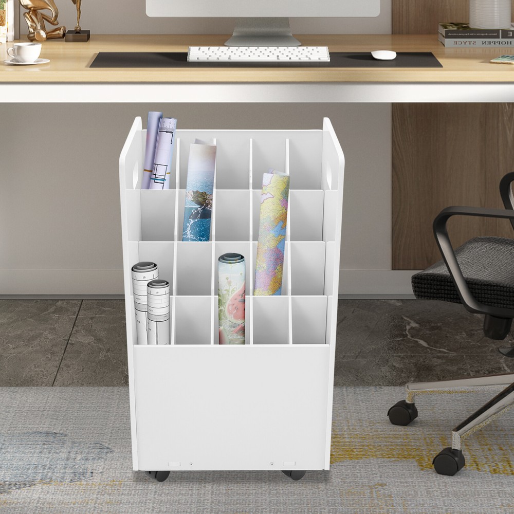 Blueprint Holder 20 Slots Document Storage Cart Rolling File Organizer White