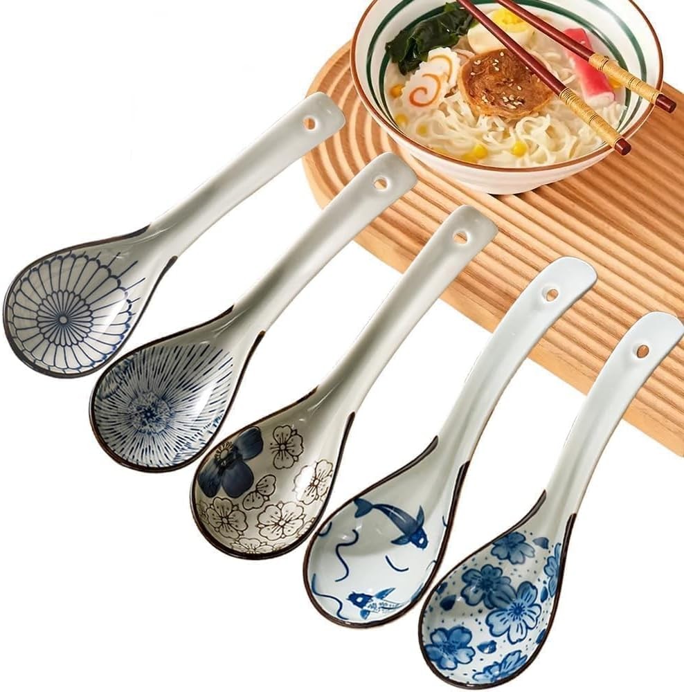 5pcs Asian Soup Spoon, Ceramic Chinese Spoons, Deep Oval Hook White