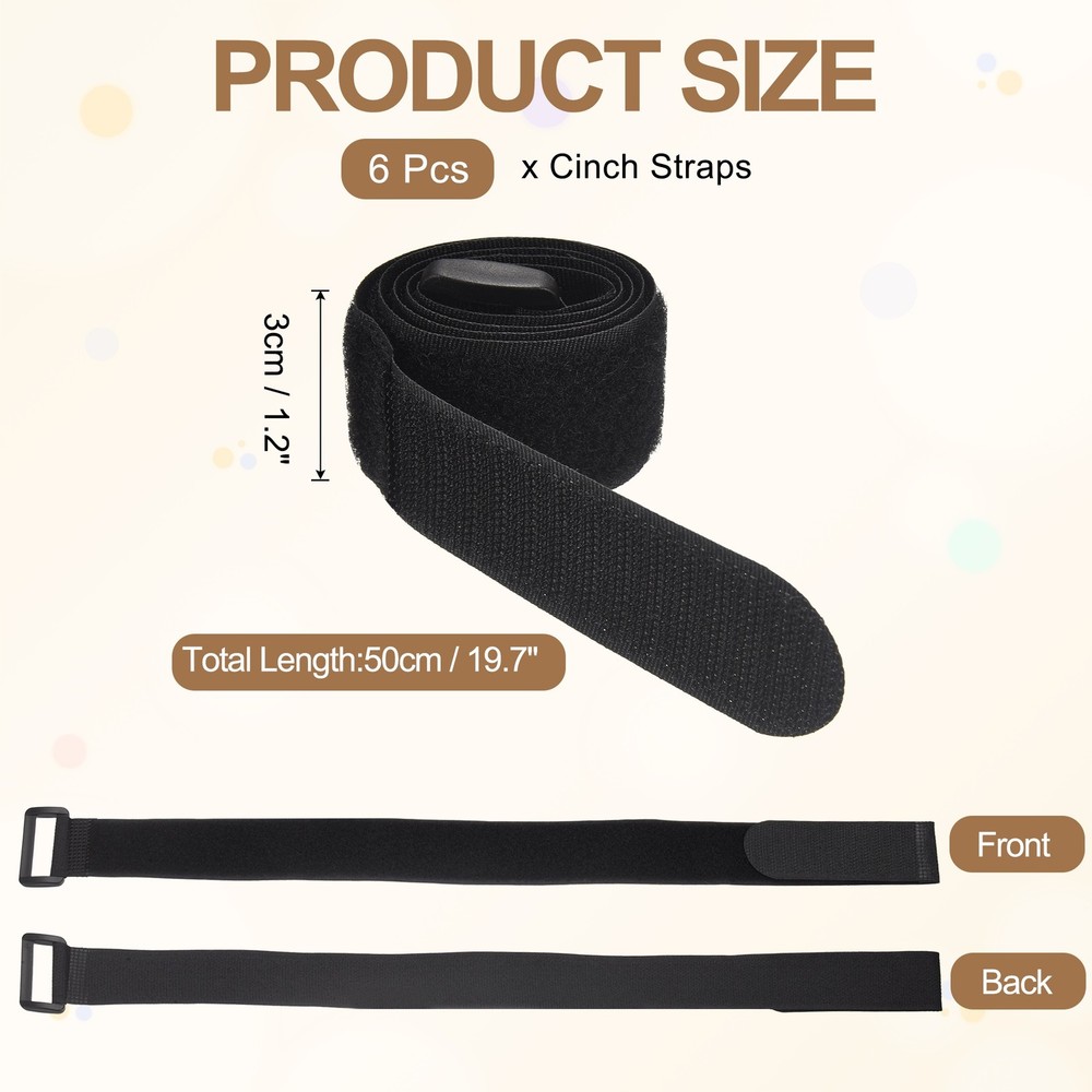 6pcs Reusable Cinch Straps 1.2"x19.7" Hook and Loop Cable Securing Straps, Black