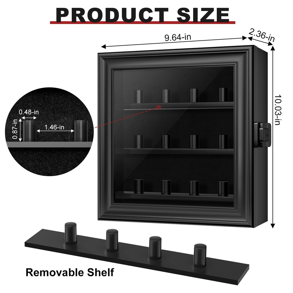 Championship Ring Display Case, 12 Posts 12 Posts-Rectangle, Black