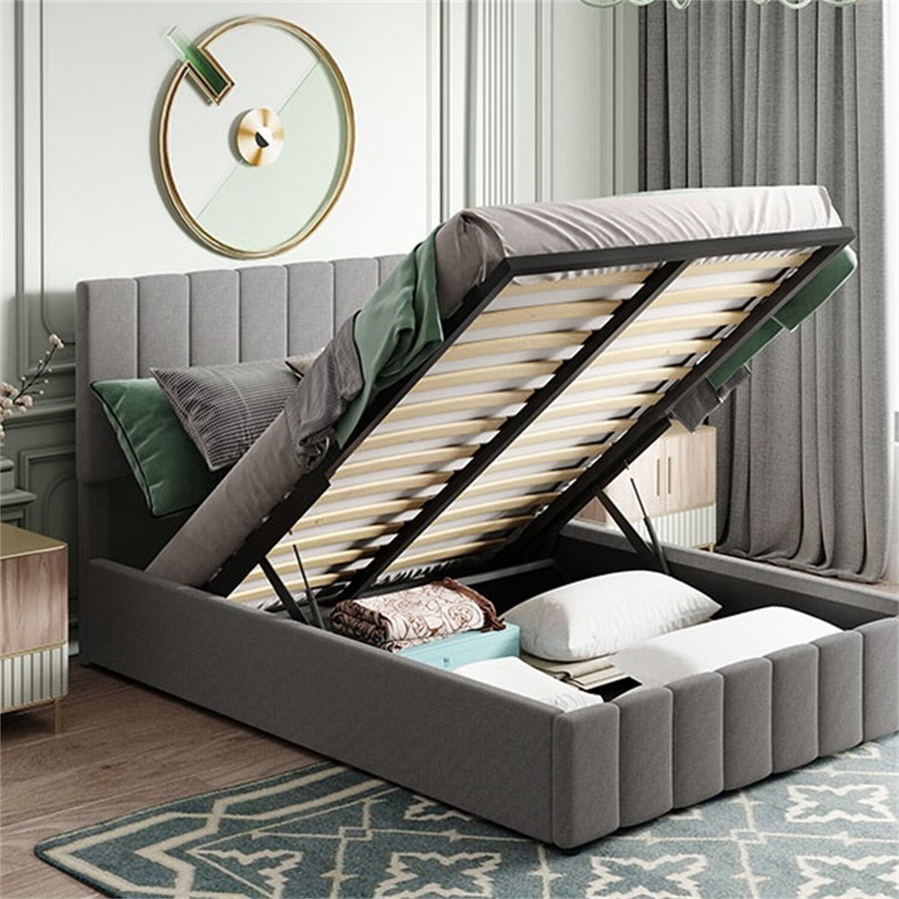 Full Size Upholstered Platform Bed Frame w/ Hydraulic Storage System Gray
