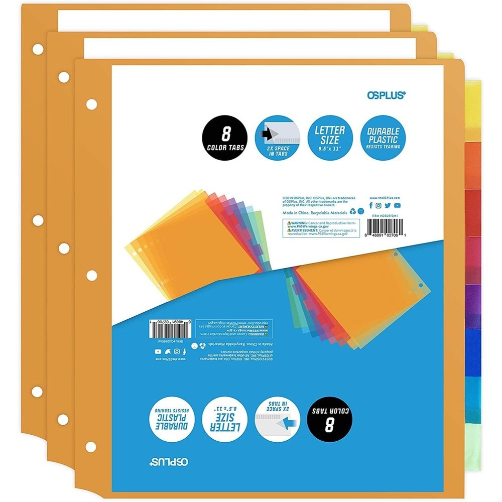 8-Tab Plastic Binder Dividers, Insertable Multicolor Big Tabs, 3 Sets